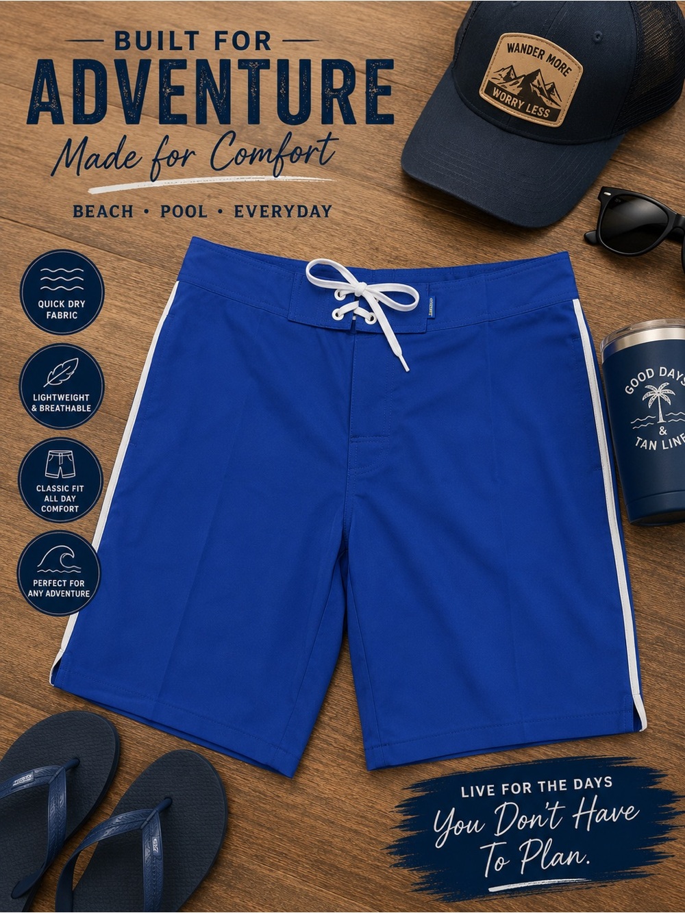 Men's Royal Blue Swim Board Shorts with Side Stripe